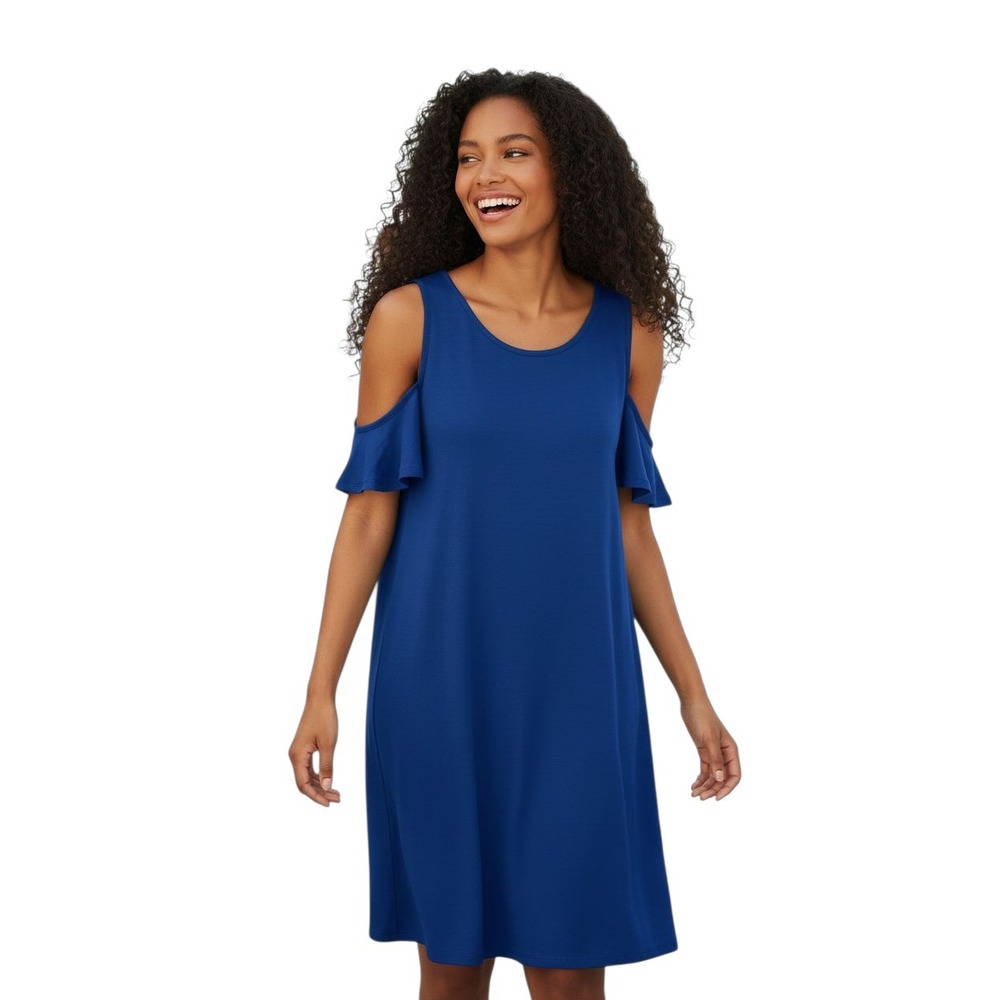 Dana‎ Buchman Cold Shoulder Ruffle Sleeve Dress Royal Blue LG
